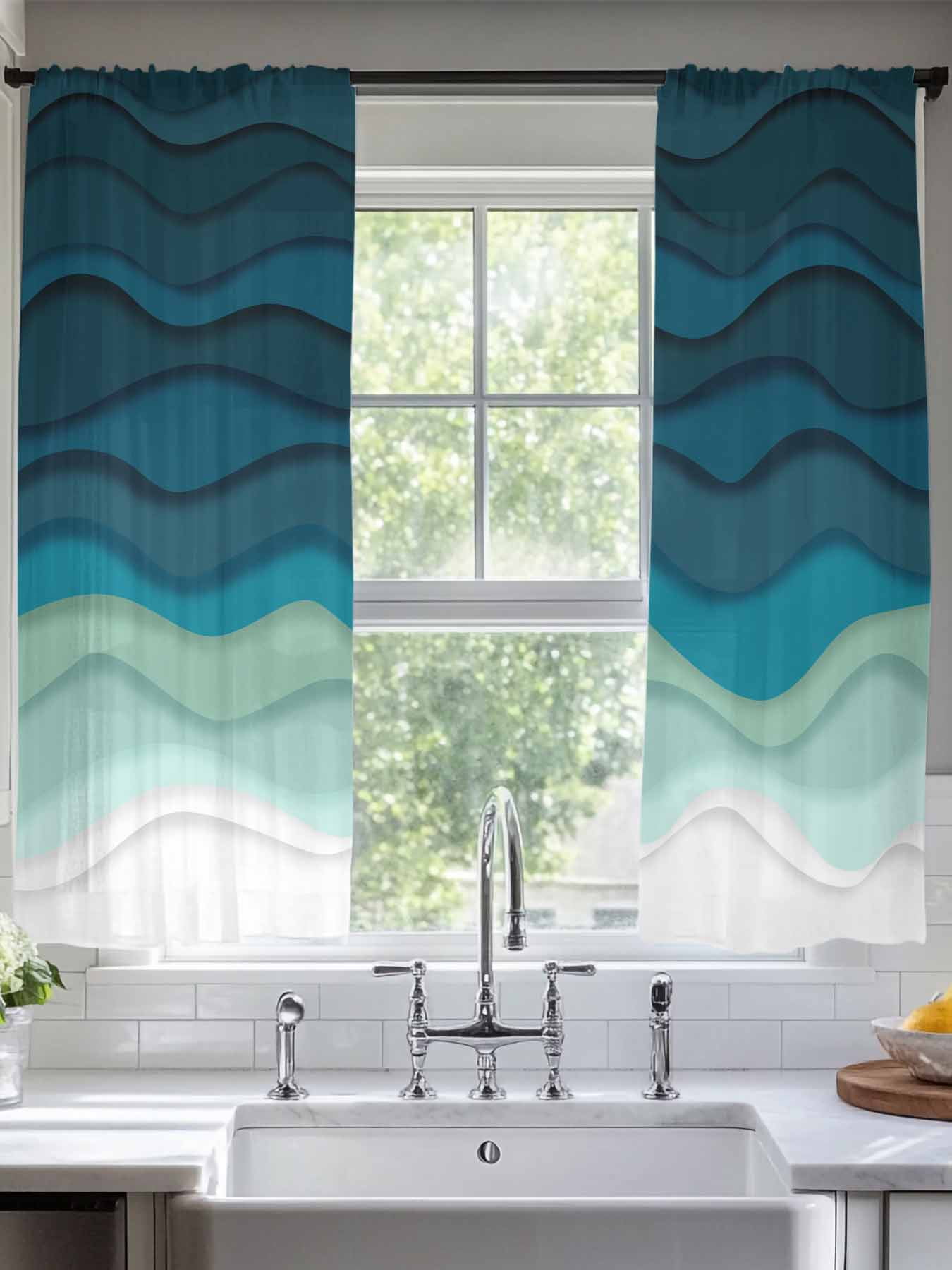 Blue Stripes Sheer Curtains for Living Room Bedroom Rustic Gradient