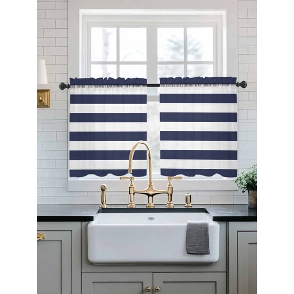 Blue Stripes Sheer Kitchen Tier Curtains 24 Inch length, Rod Pocket Half Curtains Short Drapes, Simple Blue White Texture Light Filtering Chiffon Small Window Treatments 2 Panels 27.5"W x 24"L