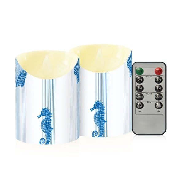 Blue Stripes Shells Seahorses Flickering Flameless Candles with Remote Timer Battery Operated LED Tealight Set of 2 S