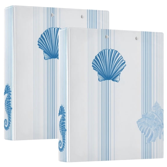 Blue Stripes Shells Seahorses Round Ring Binder 3 Rings 1.5" Capacity File Storage for A4 Size 2 Pack
