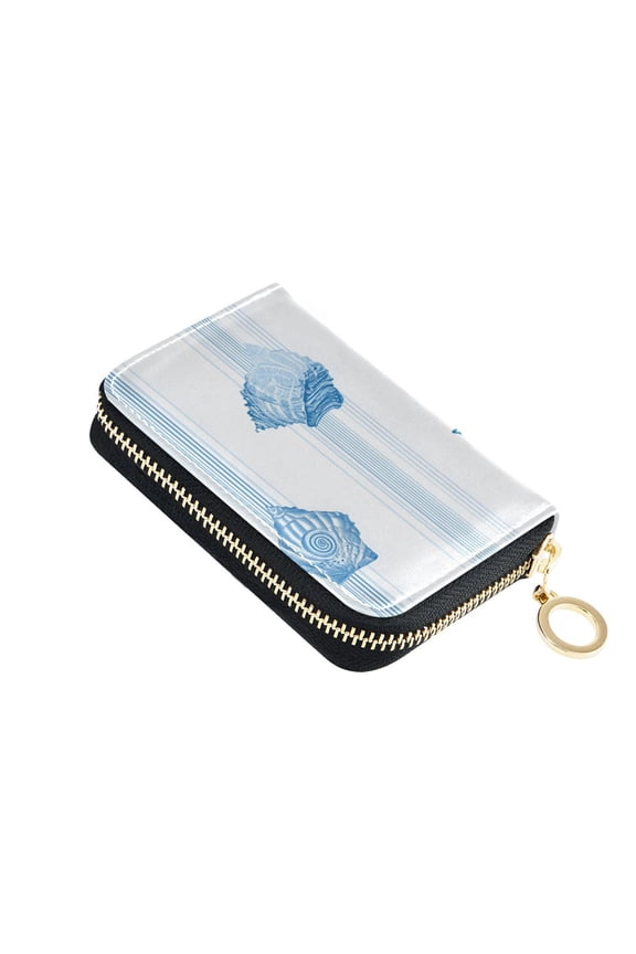 Blue Stripes Shells Seahorses Women's Credit Card Holder PU Leather Zipper Wallet RFID Blocking