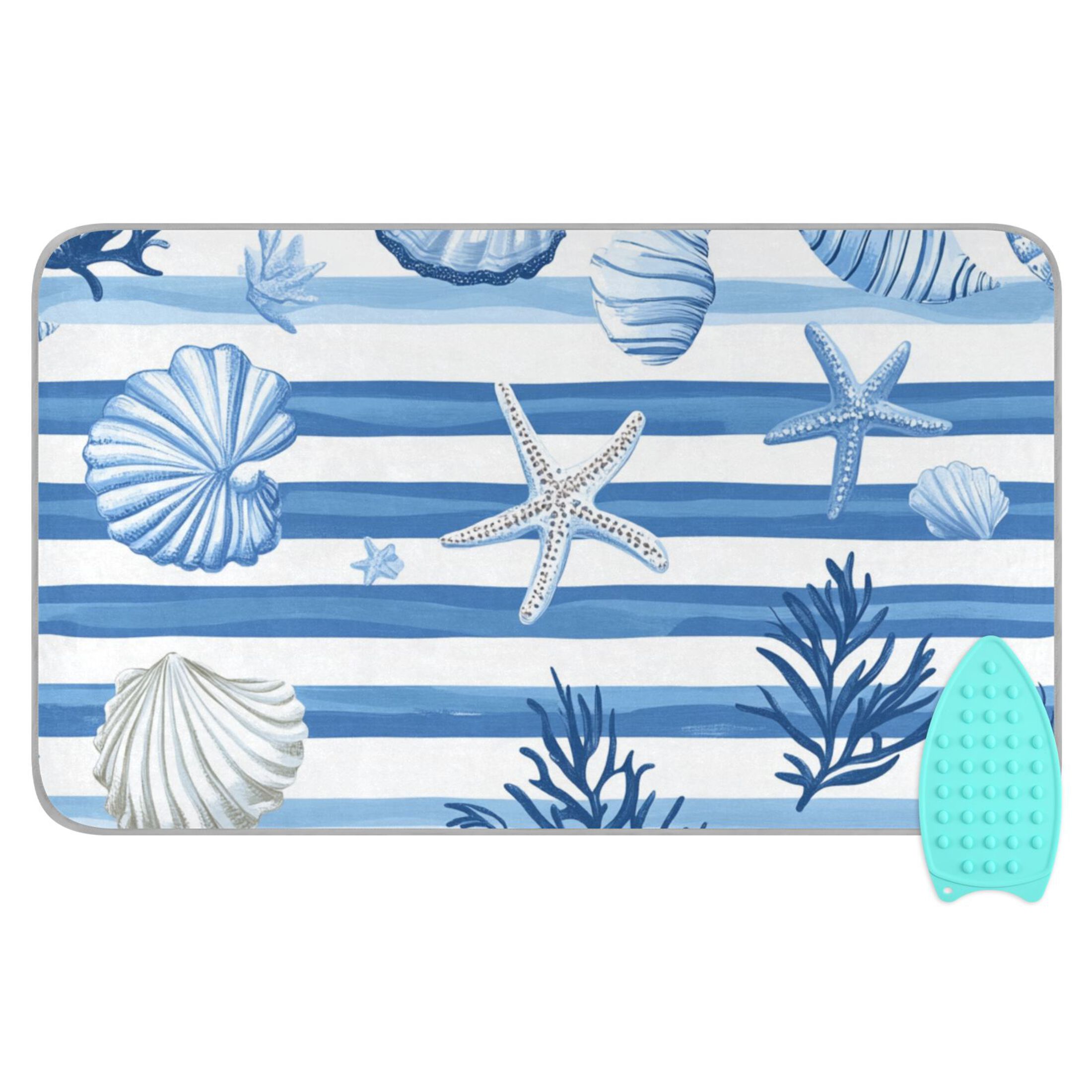 Blue Stripes Shells Starfishes Water Plants Ironing Mat Blanket Portable Travel Ironing Pad Heat Resistant Pad 47.2" x 27.6”