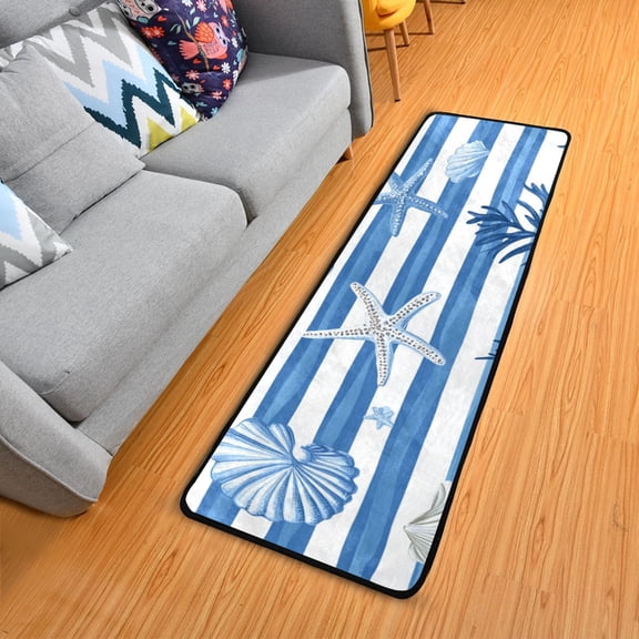 Blue Stripes Shells Starfishes Water Plants Long Floor Mat Runner Rug Area Mat Noise Reduction Water Absorbent Non-Slip 72" x 24"