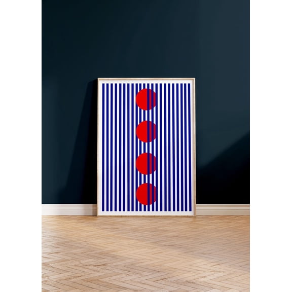 Blue Stripes Simple Wall Art, Red Dots Abstract Poster, Unique Minimal Geometric Print Unframed Paper Print