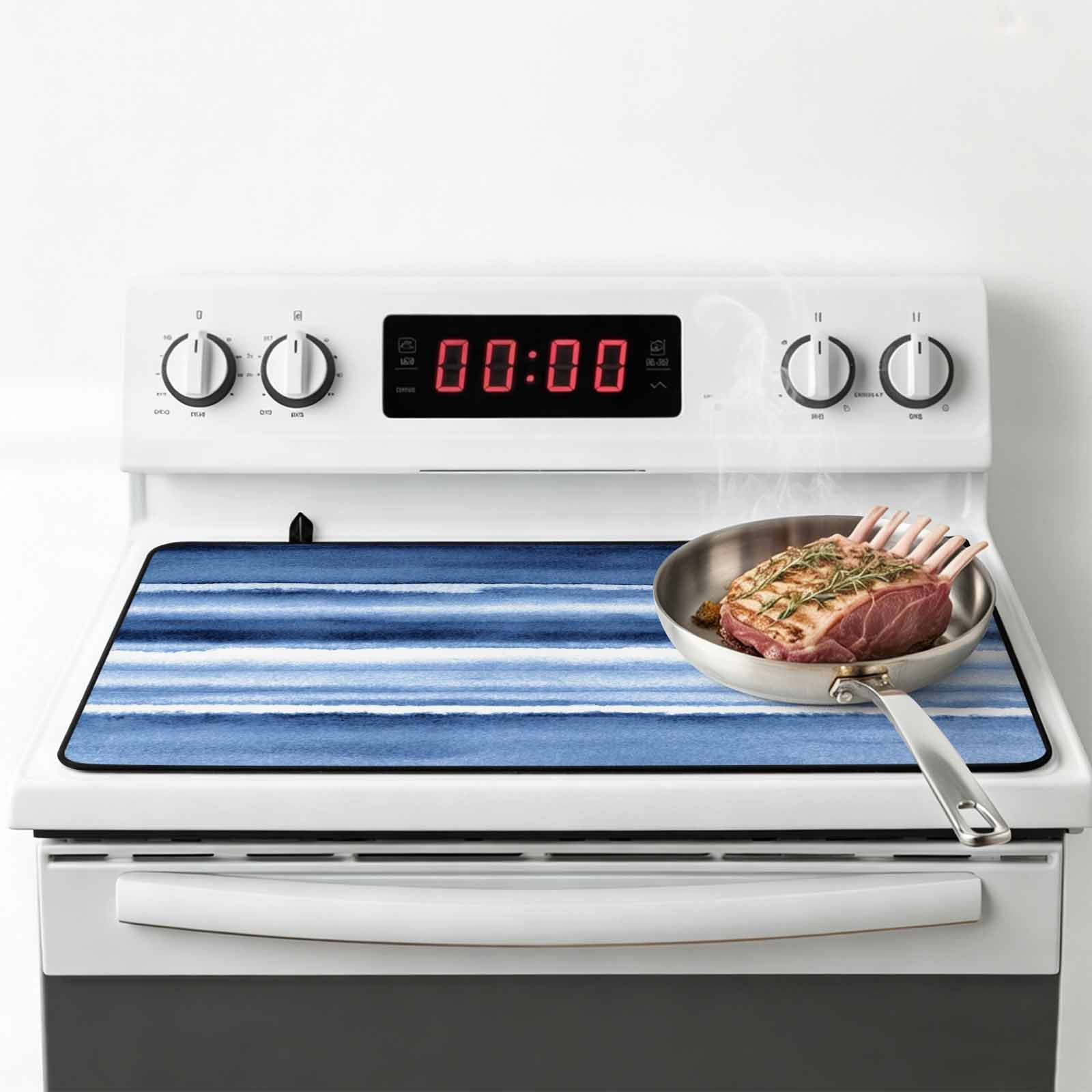 Blue Stripes Stove Top Cover for Electric Stove, Heat-proof & Non Slip Glass Top Stove Cover Protector, Watercolor Retro Ombre Abstract Tie Dye Art Kitchen Flat Cooktop Rubber Mat 24x21 Inches