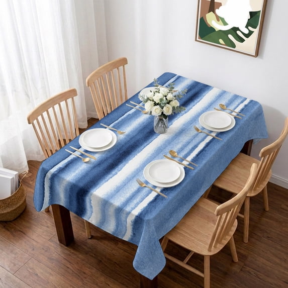 Blue Stripes Table Cloth Waterproof Tablecloths, Watercolor Retro Ombre Abstract Tie Dye Art Tablecloth Dining Table Cover for Kitchen Party Tabletop Outdoor, Rectangle Tablecloth 52x70 Inch
