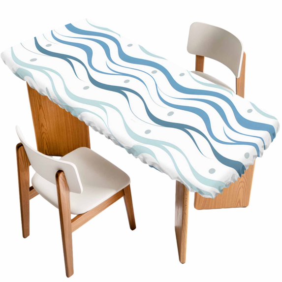 Blue Stripes Table Cloths for 8 Foot Rectangle Tables, Modern Gradient Abstract Ocean Waves Lines Patio Waterproof Elastic Fitted Tablecloths, Washable Rectangular Table Cover for Camping