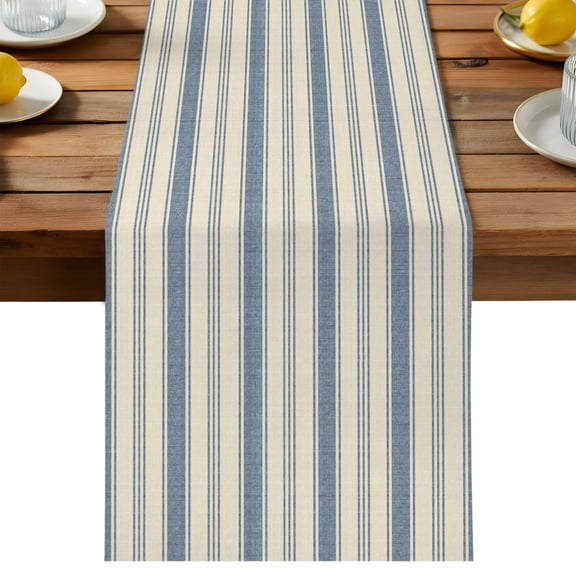 Blue Stripes Table Runner, Denim Blue Beige Parallel Bands Farmhouse Cotton Linen Kitchen Dining Table Runner Home Decor for Party Festival Holiday Decoration Gift 13x36in