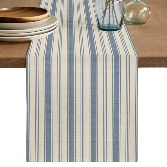 Blue Stripes Table Runner, Denim Blue Beige Parallel Bands Farmhouse Cotton Linen Table Cloth, Tablerunner for Kitchen Dining Party Wedding Home Decor 13x36 Inch