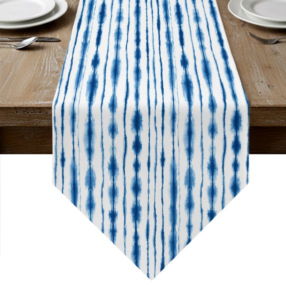 Blue Stripes Table Runner Linen Burlap Table Runner 48 Inches Long Farmhouse Striped Modern Abstract Art Dresser Scarves for Kitchen Island Coffee Dining Room Party Wedding Holiday Decoration 13"x48"