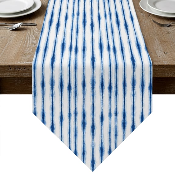 Blue Stripes Table Runner Linen Burlap Table Runner 72 Inches Long Striped Modern Art Farmhouse Dresser Scarves for Kitchen Island Coffee Dining Room Party Wedding Banquet Holiday Decoration 18"x72"