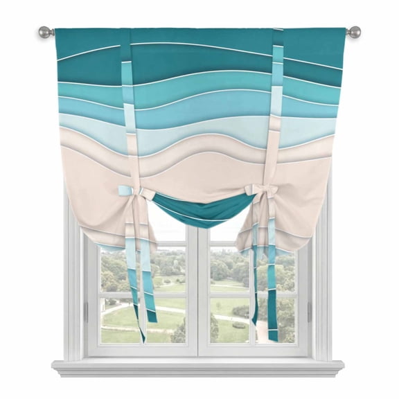 Blue Stripes Tie Up Curtains 45 Inches Long, Kitchen Window Curtains Over Sink, Modern Gradient Abstract Striped Lines Small Window Curtains Shade Balloon Curtains Valances for Bedroom/Cafe 34"x45"