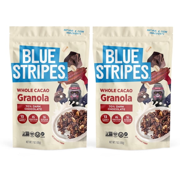 Blue Stripes Whole Cacao Granola - Gluten Free 70% Dark Chocolate Granola for Cereal, Oatmeal, Yogurt, 5g Protein Per Serving, Source of Fiber, Vegan, Low Sugar - Dark Chocolate, 8 oz Bag (2 Pack)