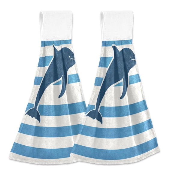 Blue Stripes with Dolphin Hanging Towels with Loop Hand Towels Nylon Fastener Tape Design Dish Cloths 2 Pieces