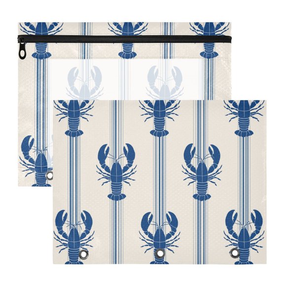 Blue Stripes with Lobsters 3-Ring Binder Pocket with Zipper Pencil Pouches A4 Size File Storage 2 Packs