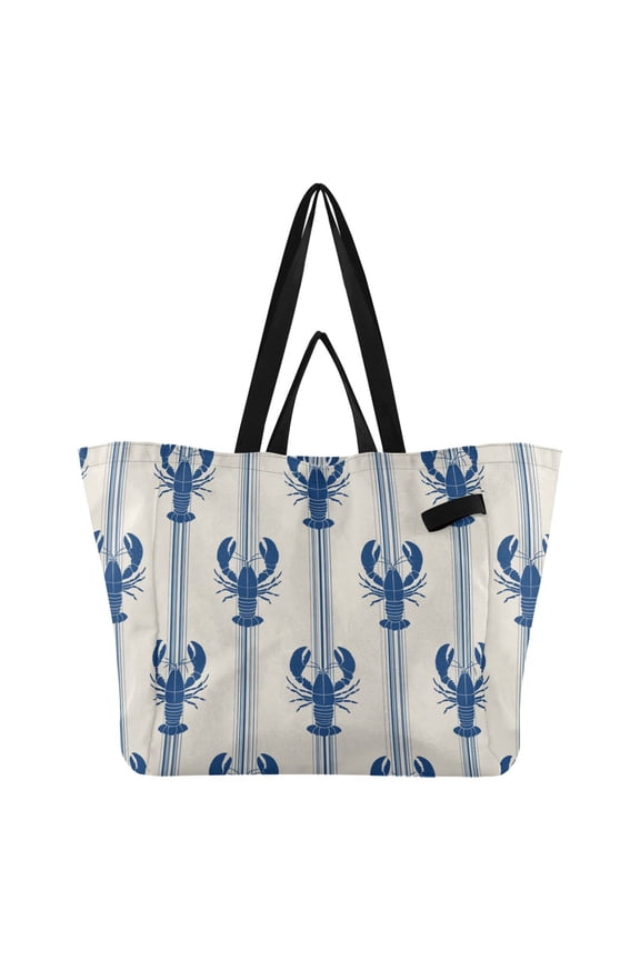 Blue Stripes with Lobsters Foldable Canvas Tote Bags Reusable Grocery Bags Laundry Bags Beach Bag 32L