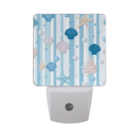 Blue Stripes with Pearls Shells LED Night Light Sensor Lamp Plug-in Adjustable Brightness 2 Pack