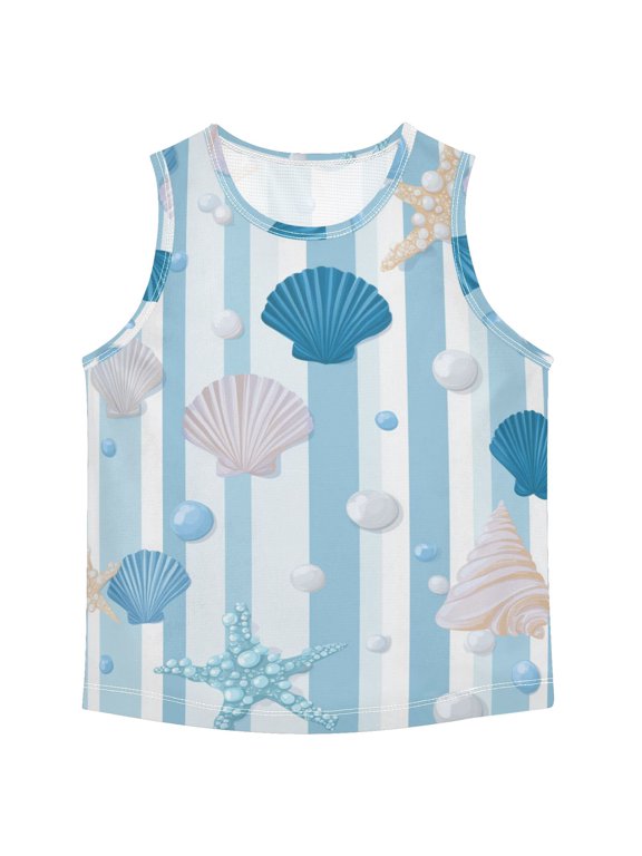 Blue Stripes with Pearls Shells Vest Undershirt Tank Top Sleeveless Quick Dry 4T