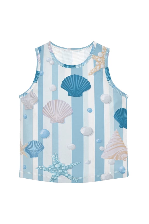 Blue Stripes with Pearls Shells Vest Undershirt Tank Top Sleeveless Quick Dry 6Y