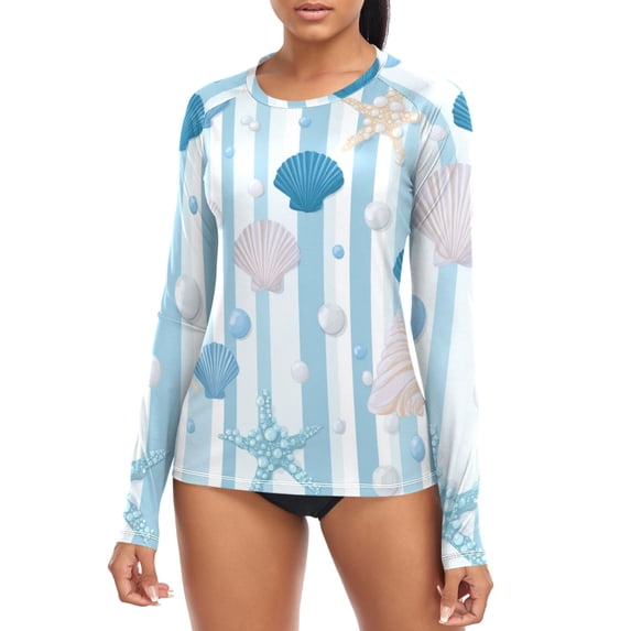 Blue Stripes with Pearls Shells Women's Rash Guard Shirts UPF 50+ Sun ...