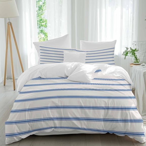 Blue Strips Full Size Comforter Set, Classic Pink Lines Abstract Nature Khaki Bedding for All Seasons, 4 Pcs Bed Set, 1Quiltcover (86"x86") ,1Sheet(80"x116"), 2Pillowcases (30"x20")