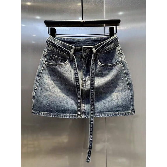 Blue Studded Denim Mini Skirt With Tie Waist A-Line Design