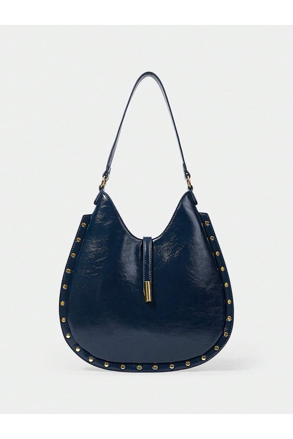 Blue Studded Leather Shoulder Bag With Gold Hardware