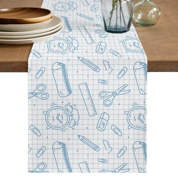 Blue Study Stationery Short Table Runner 48 Inches Long,Modern Art School Academic Grid Cotton Linen Table Runners Dresser Scarves,Fabric Tabletop Scarf Furniture Cover for Home Dinner Party 13"x48"