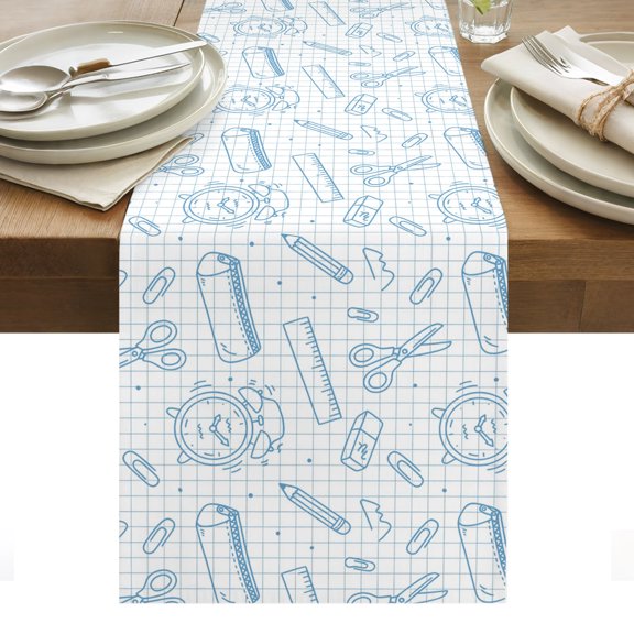 Blue Study Stationery Table Runner Modern Art School Academic Grid Tablerunners 13 x 72 Inch, Table Decorations Tabletop Scarf for Summer Gathering Holiday Farmhouse Kitchen Dining Decor