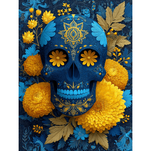 Blue Sugar Skull Marigold Canvas Print, Day of The Dead Traditional Mexican Folk Art Home Wall Decor