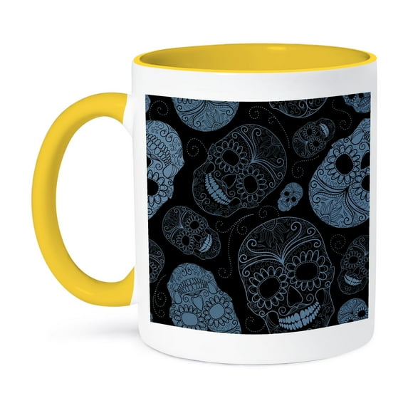 3dRose, Blue sugar skulls day of the dead art, 15oz Two-Tone Yellow Mug
