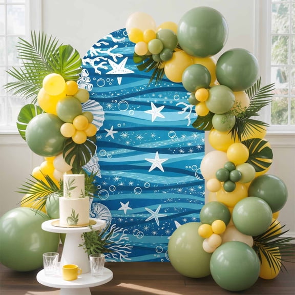 Blue Summer Arch Backdrop Cover, 4FT, Starfish Shell Couch Seaweed Ocean Coastal Spandex Arch Covers Double-Sided Backdrop for Wedding Birthday Party Photo Background Decoration