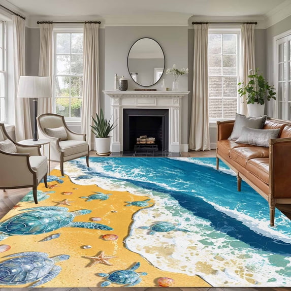 Blue Summer Beach Area Rugs 5'x7', Washable Small Throw Rugs for Laundry Room Playroom, Coastal Sea Turtle Nautical Ocean Indoor Outdoor Rug Non-Slip Low Pile Carpet Runner Reversible Floor Mats