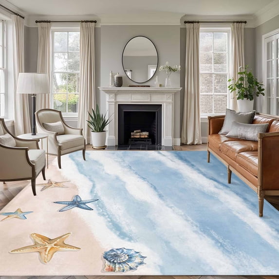 Blue Summer Beach Area Rugs 5'x7', Washable Small Throw Rugs for Laundry Room Playroom, Coastal Waves Ocean Starfish Conch Indoor Outdoor Rug Non-Slip Low Pile Carpet Runner Reversible Floor Mats