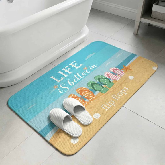 Blue Summer Beach Bathroom Rugs Non Slip Washable Bath Mat Absorbent Low Pile Front Door Mat Nautical Coastal Ocean Sea Indoor Doormat for Kitchen Entryway Shower Decor Accessories 15.7"x23.6"