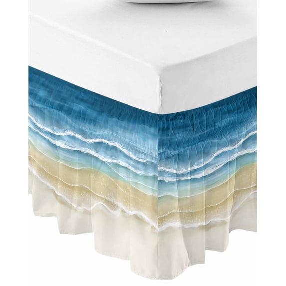 Blue Summer Beach Bed Skirt King Size 18 Inch Drop, Wrap Around Bed Skirts, Nautical Coastal Beige Seaside Elastic Bedskirt Pleated Bed Frame Cover Luxurious Dust Ruffle for King Bed