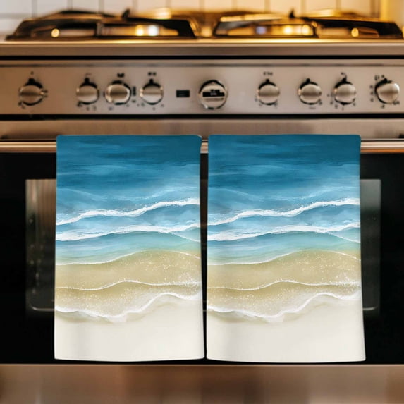 Blue Summer Beach Coastal Kitchen Towels Set of 3, Nautical Beige Seaside Absorbent Dish Towels for Kitchen, Microfiber Hand Towel, Quick Drying Tea Towel for Cleaning Decorative Dishcloths