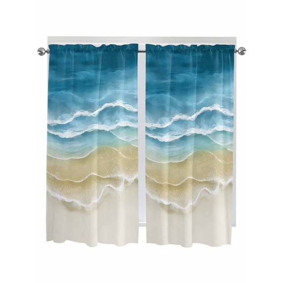 Blue Summer Beach Coastal Living Room Curtains 2 Panel, Nautical Beige Seaside Cafe Window Treatment, Extra Long Farmhouse Bedroom Bathroom Kitchen Curtains Drapes 104"x72"