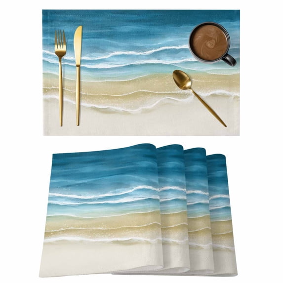 Blue Summer Beach Coastal Placemats Set of 6 Nautical Beige Seaside Place Mats Indoor Wipeable Table Mats Washable Cloth Dining Table Placemats for Kitchen Holiday Party Home Decor 13x19 Inch