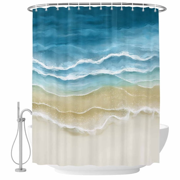 Blue Summer Beach Coastal Shower Curtain Set - 48" x 72" Washable Bathtub Curtain with 12 Hooks, Nautical Beige Seaside Waterproof Fabric Stall Shower Curtains for Bathroom/Bathtub Décor