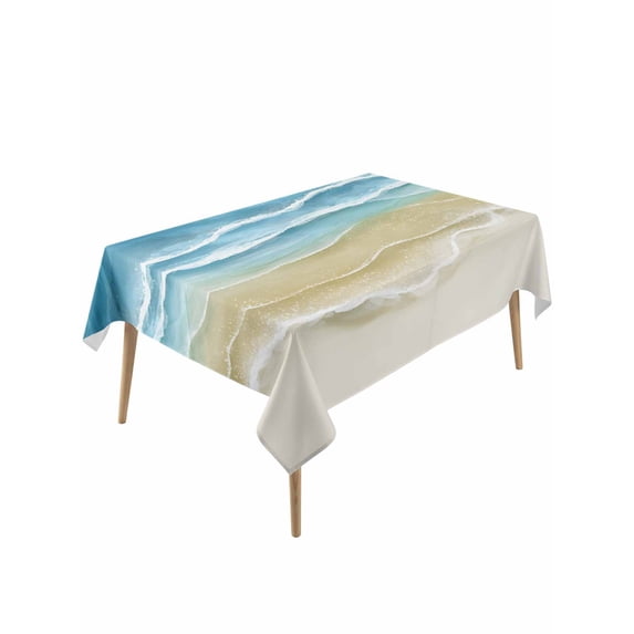 Blue Summer Beach Coastal Table Cloth, Waterproof Tablecloth for Rectangle Tables, Nautical Beige Seaside Reusable Washable Fabric Table Cover for Restaurant Kitchen Dining Tables 54"x108"