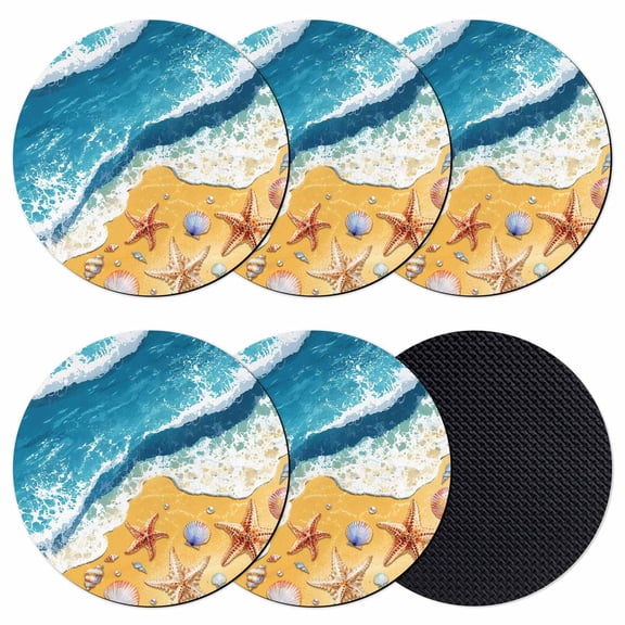 Blue Summer Beach Coasters Set of 6, Absorbent Coasters for Drinks, Coastal Starfish Nautical Ocean Coaster for Desk Coffee Table Protection, Home Decor House Warming Gifts 4"