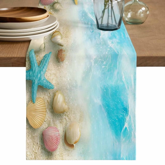 Blue Summer Beach Cotton Linen Table Runner for Dining Kitchen, Coastal Starfish Shell Nautical Waves Wedding Outdoor Party Tablerunners, Dresser Scarf Coffee Tablecloth Runners 13x72 Inches