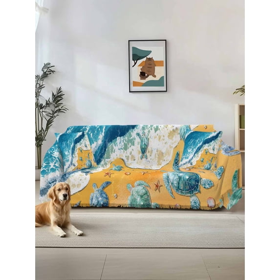 Blue Summer Beach Couch Cover for Dogs, Coastal Sea Turtle Nautical Ocean Washable Sofa Covers Slipcover for Pets Dogs Futon Cover, Couch Recliner Covers, Oversized Chair Slipcover 71"x91"