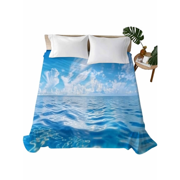 Blue Summer Beach Flat Sheet Only Twin Size, Soft Breathable Bed Top Sheets for Mattress, Seaside Ocean Coastal Nautical Luxury Bedding Flat Sheets for Home Hotel Bedroom Bed Protection