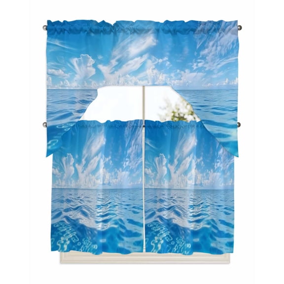 Blue Summer Beach Kitchen Curtains Swag Valance and Tier Curtains Set 36 Inch Length, Seaside Ocean Coastal Nautical Rod Pocket Drape Panels Pair Swag Curtains for Bathroom/Cafe/Window