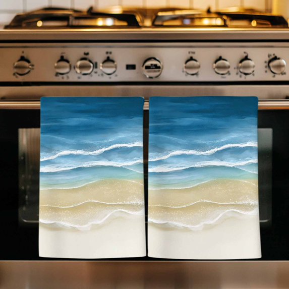 Blue Summer Beach Kitchen Towels Set of 1, Nautical Coastal Beige Seaside Absorbent Dish Towels for Kitchen, Microfiber Hand Towel, Quick Drying Tea Towel for Cleaning Decorative Dishcloths