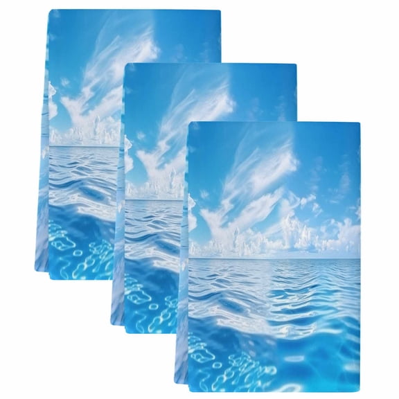 Blue Summer Beach Kitchen Towels Set of 3, Absorbent Microfiber Dish Tea Towels with Hanging Loop, Seaside Ocean Coastal Nautical Resuable Hand Towel for Home Kitchen Cooking Cleaning 18"x28"