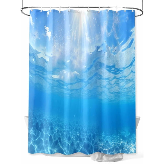 Blue Summer Beach Long Shower Curtain Set, Waterproof Shower Curtains for Bathroom, Coastal Nautical Seawater Ocean Washable Fabric Cloth Bath Curtain for Bathtub Decoration with Hooks 72x84 Inches