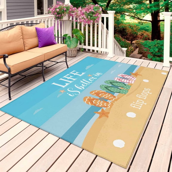 Blue Summer Beach Outdoor Rug for Patio/Deck/Porch, Non-Slip Large Area Rug 3 x 5 Ft, Nautical Coastal Ocean Sea Indoor Outdoor Rugs Washable Area Rugs, Reversible Camping Rug Carpet Runner